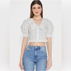 Miss Selfridge Large Broderie Collar Crop Top - Ivory